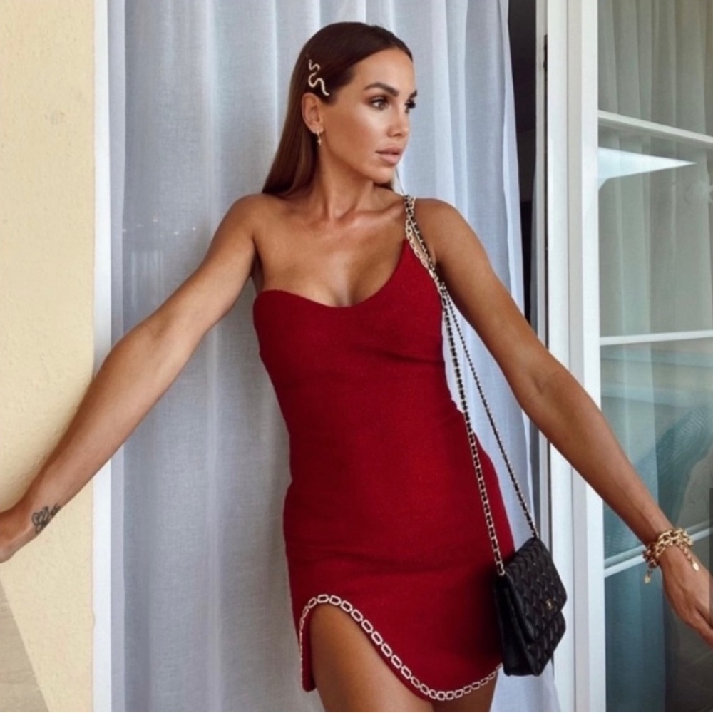 Zara Red Chain Trim Asymmetric Dress. Size XS